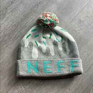 Neff Kids Gray Beanie with Teal Logo and Multicolor Pom